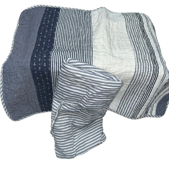 Nicole Miller Home chambray blue ticking stripe Anchors Nautical pillow Shams - Picture 1 of 4